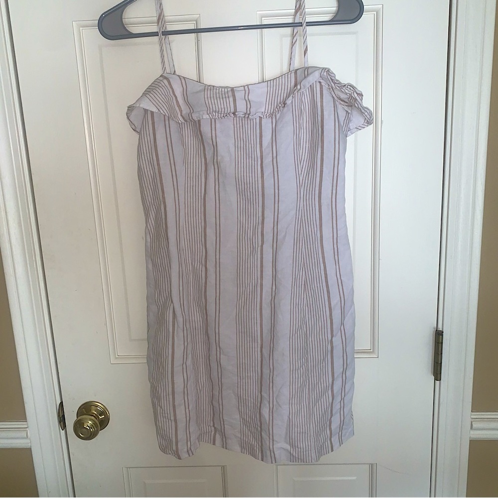 White and tan striped mini dress